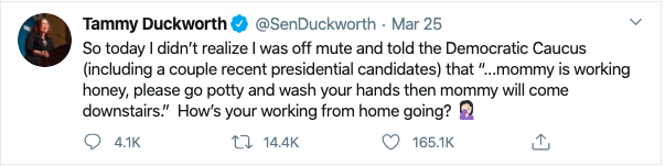 Screen shot of Tammy Duckworth's tweet about working from home