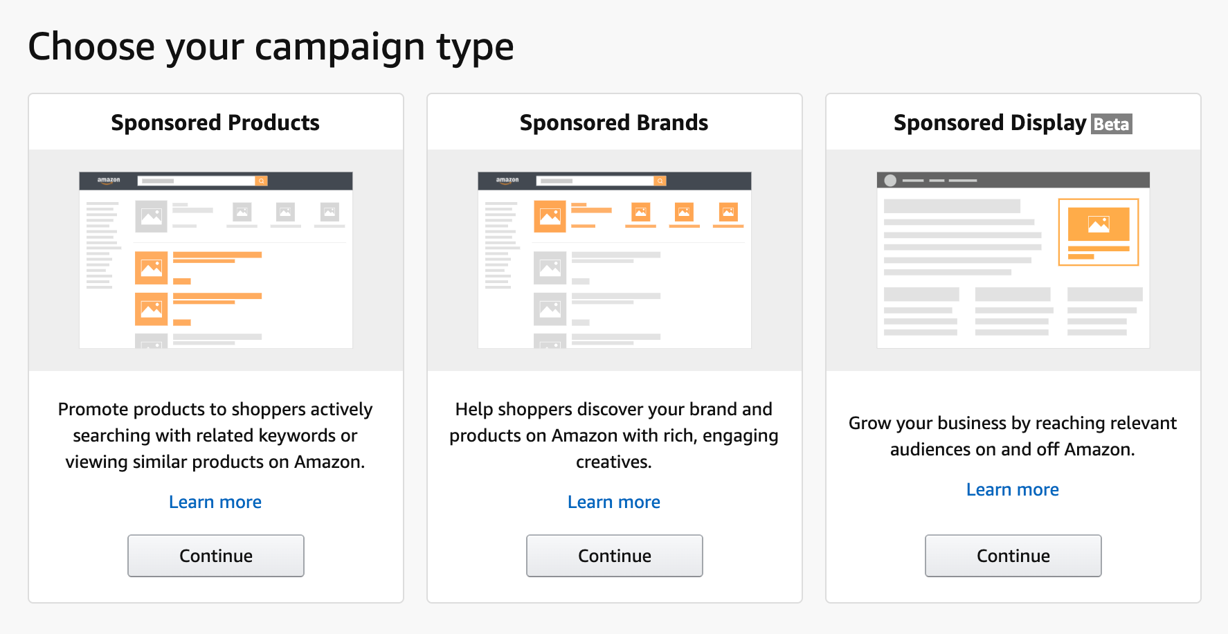 Screen shot showing choice between Sponsored Products, Sponsored Brands, and Sponsored Display